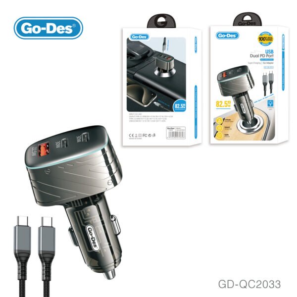 Go-Des 82.5W Triple Port Car Charger Dual Type-C PD + USB-A Fast Charging