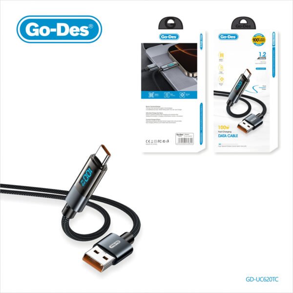Go-Des 1.2M Fast Charging Cable Bionic Terminal LED Digital Display Nylon Braided Up to 100W