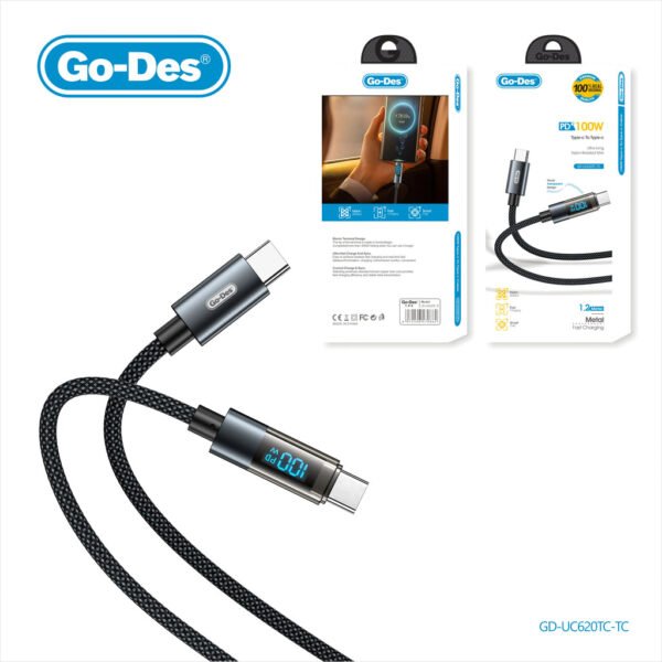 Go-Des 1.2M Fast Charging Cable Bionic Terminal LED Digital Display Nylon Braided Up to 100W