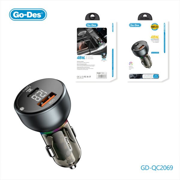 Go-Des 48W Dual Port Car Charger Type-C PD 30W + USB QC3.0 18W