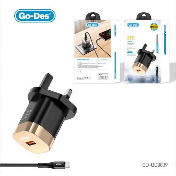 Go-Des 25W QC3.0 Travel Charger 2in1 PD Charger with 1000MM USB Type-C to USB-A