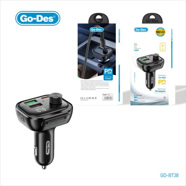 Go-Des Car Bluetooth Adapter 36W PD + QC3.0 Bluetooth 5.3 FM Transmitter with LED Light Music Playback