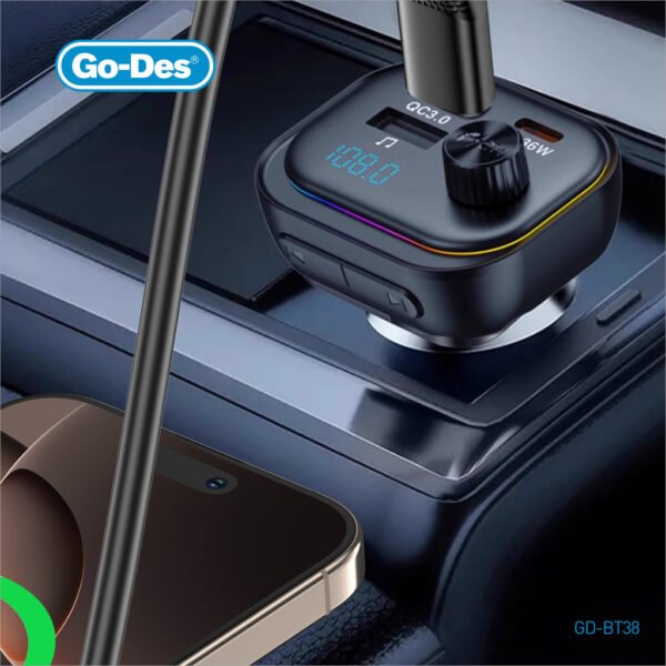 Go-Des Car Bluetooth Adapter 36W PD + QC3.0 Bluetooth 5.3 FM Transmitter with LED Light Music Playback