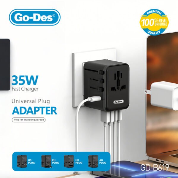 Go-Des 35W Universal Travel Adapter USB-C PD USB-A QC with US/UK/EU/AU Plug for Worldwide Use