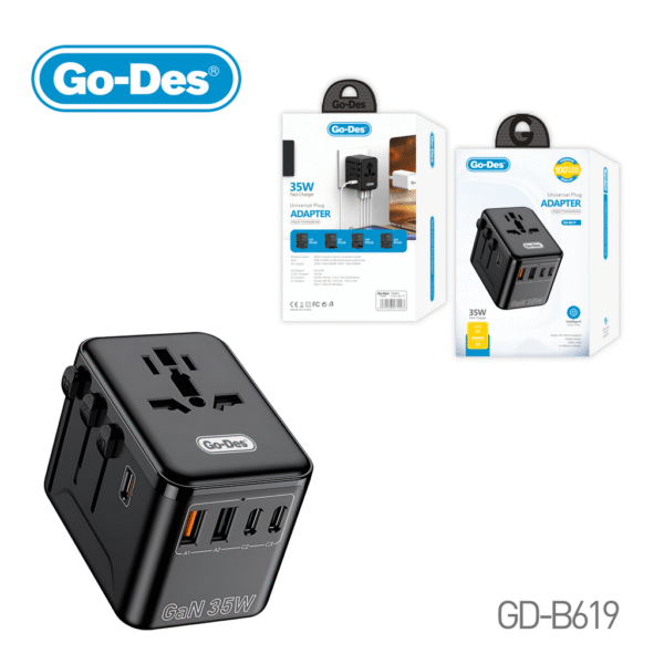 Go-Des 35W Universal Travel Adapter USB-C PD USB-A QC with US/UK/EU/AU Plug for Worldwide Use