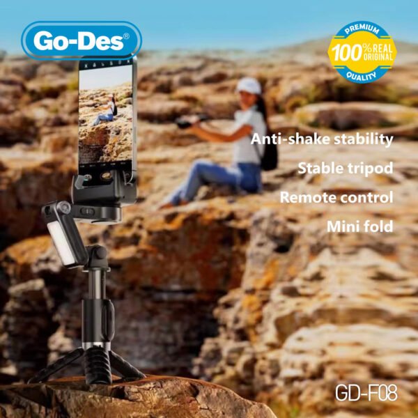 Go-Des Pan-Tilt Gimbal Stabilizer Tripod Selfie Stick with Fill Light Bluetooth Remote Anti-Shake Foldable Design